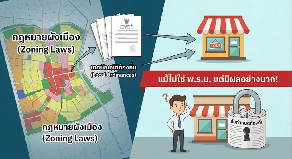 กฎหมายผังเมือง และเทศบัญญัติท้องถิ่น แม้ไม่ใช่กฎหมายระดับ พ.ร.บ. โดยตรง แต่มีผลต่อการเปิดร้านอย่างมาก